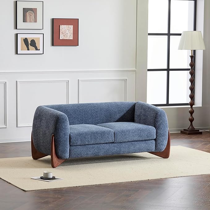 Christopher Knight Home Alma 63 Boucle Loveseat with Wood Legs 2 Seater Sofa Couches for Living Room Upholstered Couch Chair Soft Seating Lounge Sofa Chair Cozy Loveseat with Armrest Navy Blue