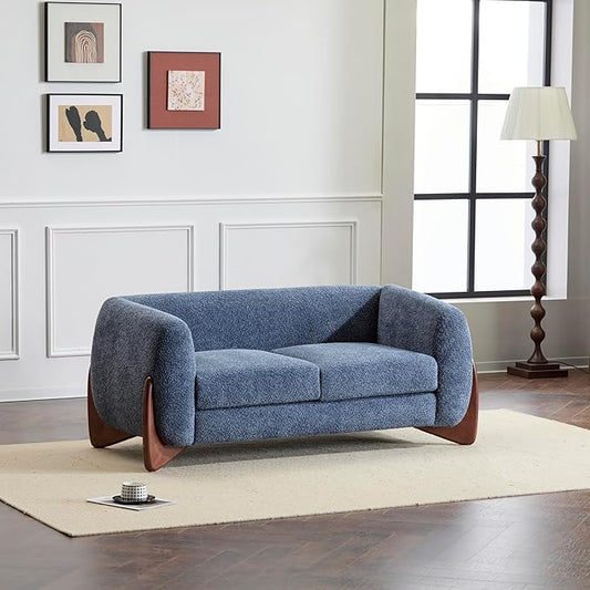 Christopher Knight Home Alma 63 Boucle Loveseat with Wood Legs 2 Seater Sofa Couches for Living Room Upholstered Couch Chair Soft Seating Lounge Sofa Chair Cozy Loveseat with Armrest Navy Blue