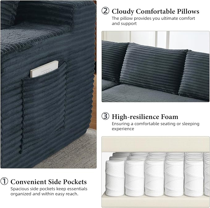 Boneless Couch Corduroy Cloud Sofa 96'' Sectional Couches Deep Seat L-Shaped Sofa No Assembly Pet-Friendly Apartment Couch for Living Room Small Spaces in a Box
