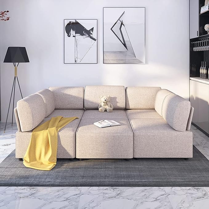 Mjkone 120'' Modular Sectional Sofa Couch U-Shaped Convertible Sofas with 2 Reversible Ottomans 6 Seat Modern Linen Fabric Sofa Couches with High Resilience Cushions for Living Room Home Beige