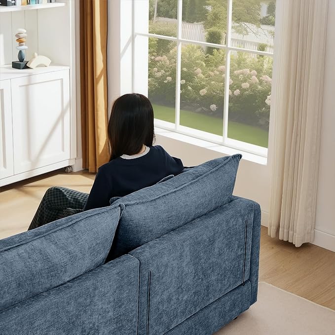102 Modular Sectional Sofa with Movable Ottoman Convertible L Shaped Chenille Cloud Couch Comfy 3-Seater Deep Seat Sofa Couches for Living Room Bedroom and Apartment (Blue 102)
