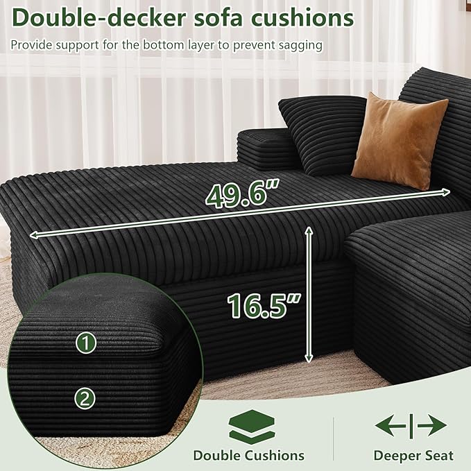 107 Cloud Couch Modular Sectional Sofa for Living Room U-Shape Boneless Couch with Deep Seat Modern Corduroy 3-Seater with Ottoman No Assembly Required (Jet BlackLeft-Facing Chaise)