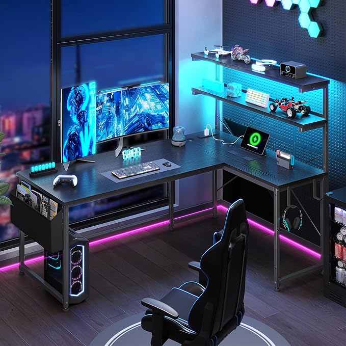 L Shaped Desk Gaming Desk with LED Light &amp Power Outlet 43.3 Inch Reversible L Shaped Computer Desk with Shelf &amp Storage Bag &amp Hook for Home Office Black