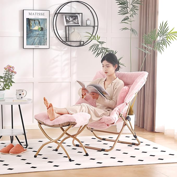 Comfy Saucer Chair with Ottoman Oversized Folding Faux Fur Chair Soft Furry Lounge Lazy Chair with Metal Frame Moon Chair Accent Chair for Bedroom Living Room Dorm Rooms