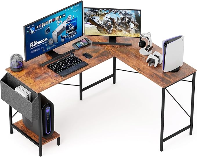 L Shaped Desk - 50 Reversible Home Office Computer Desk Wood Top Metal Frame Side Bag Sturdy Gaming Desk Corner Table for Work Writing and Study Space-Saving