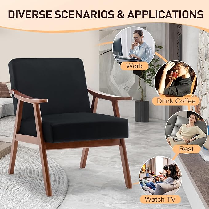 Mid Century Modern Accent Chair with Wood Frame Upholstered Living Room Chairs with Waist Cushion Reading Armchair for Bedroom Sunroom Lounge Chair Indoor Office Family (Black)