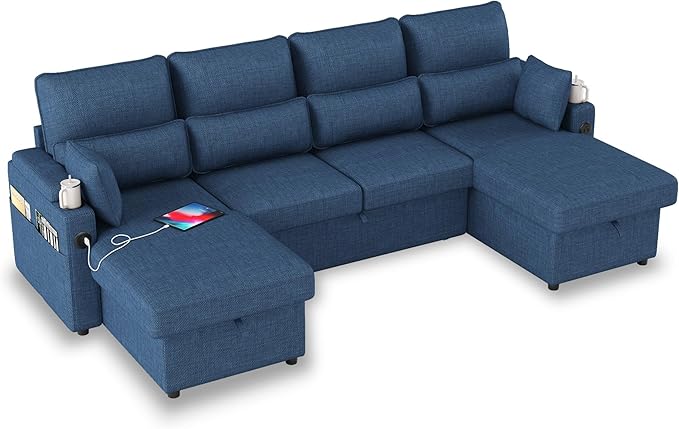 Sectional Sleeper Sofa with Pull Out Couch Bed with Storage Chaise for Living Room Comfy Linen Modular Sectional Sofa with Dual USB &amp Type-C Cup Holders (Blue 105 Inches)