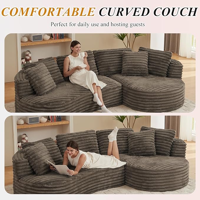 120'' Boneless Modular Sectional Curved Sofa Upholstered Cloud L Shaped Couch with Chaise Oversized Home Sofa Living Room Corduroy Couch No Assembly Required (Dark Brown Right Facing Chaise)