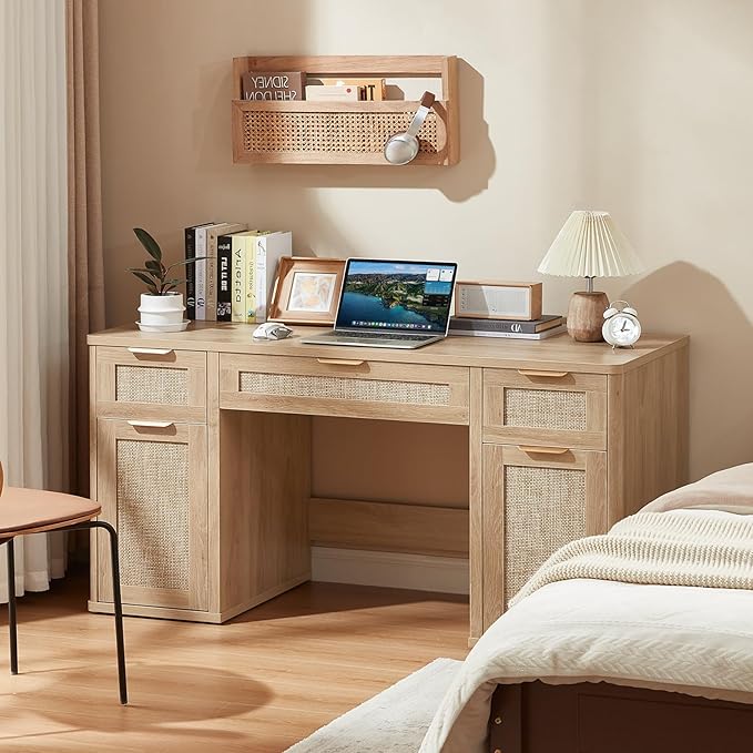 LEYAOYAO Office Desk 56 with 5 Drawers Storage File Cabinet Rattan Wood Desk for Computer Office Bedroom Home Furniture Natural