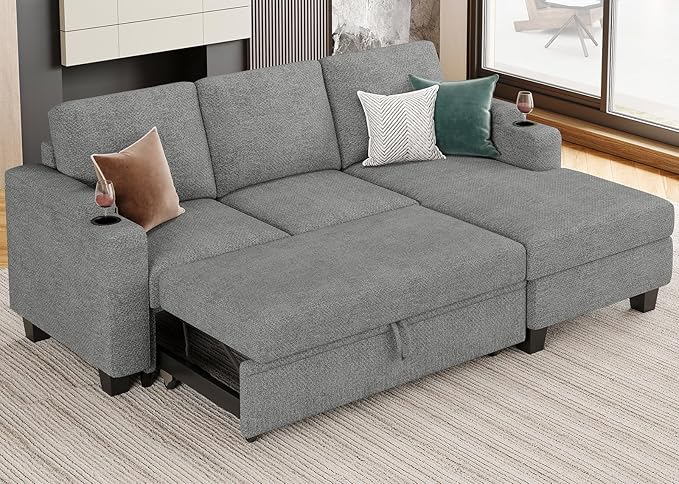 Belffin Sleeper Sofa Bed Pull Out Couch L Shaped Couch with Storage Right-Facing Chaise Modular Sectional Sofa with Cup Holder. Light Grey