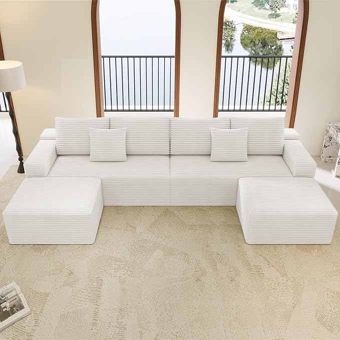 137.8 Cloud Couch Sectional Modular Sofa with 2 Ottoman Corduroy U Shaped Boneless Sofas Couch in a Box No Assembly Required White Couches for Living Room