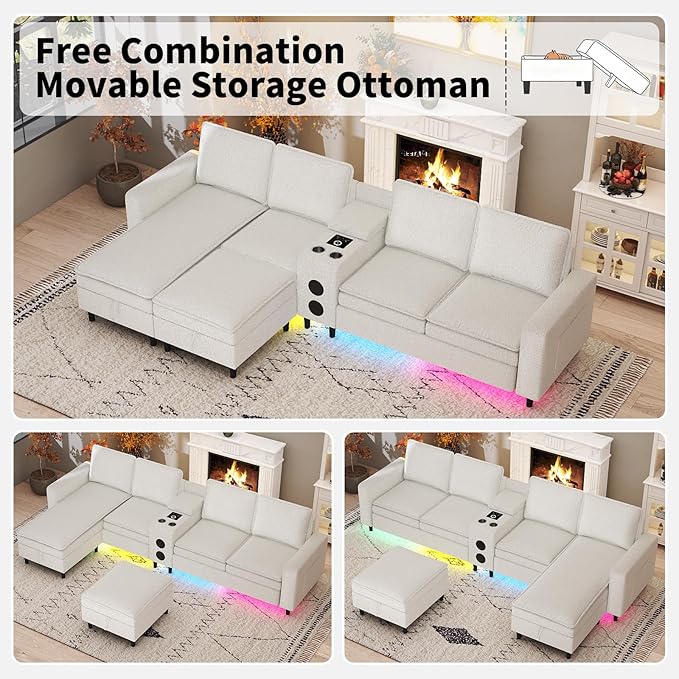 Sectional Couches for Living Room 6 Seat Sectional Sofa with Bluetooth Speaker/RGB Light/Charging Station Teddy Fleece U Shaped Couch with Storage Ottoman and Reversible Chaise Lounge - White