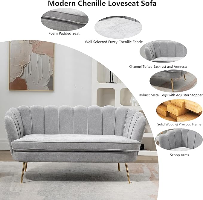 Chenille Small Sofa Couch for Small Spaces Living Room Bedroom59 Loveseat Couches with Gold Metal LegsChannel Tufted 2 Seater Sofas with Curved Back and Arms for ApartmentRV.