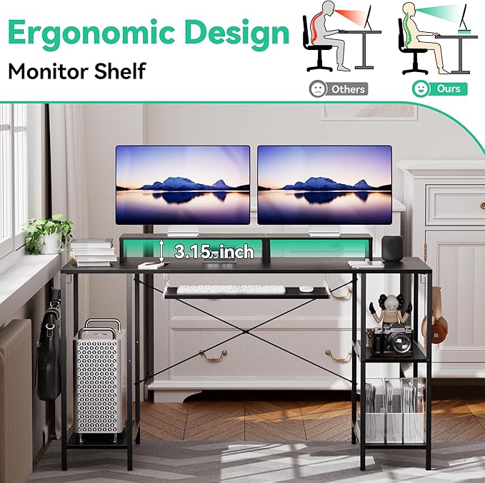 Workstation Desk with Keyboard Tray 55 Inch Computer Desk with Storage Shelves Monitor Stands and 4 Iron Hooks Industrial Desk for Home Office
