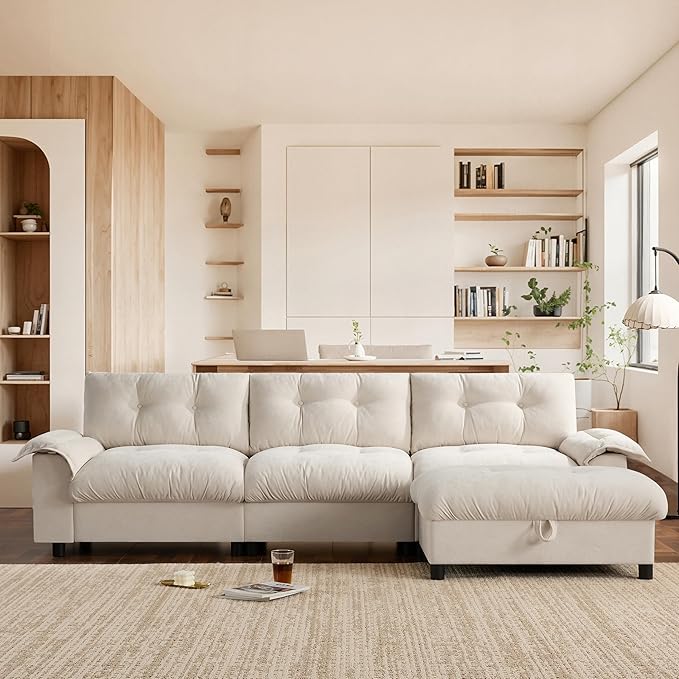 Ball &amp Cast Modular L Shaped Sectional Sofa with Movable Storage Ottoman and Dual-Port Charging4 Seater Comfy Cloud Couch W/Side Storage Pockets &amp Cup Holderfor Living RoomApartmentBeige1