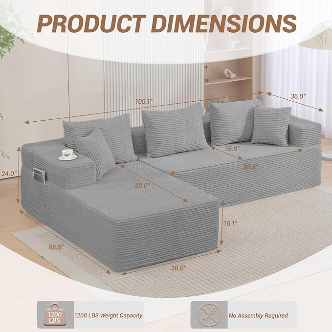 105'' Cloud Sectional Couch Modular L-Shaped Boneless Sectional Sofa Corduroy Deep Seat Couch Small Space Sofas for Living Room Bedroom Apartment No Assembly Grey
