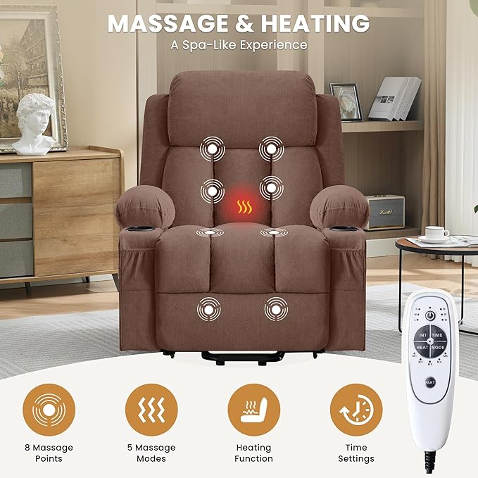 Power Lift Recliner Chair for Elderly with Vibration Massage and Lumbar Heating Electric Oversized Single Sofa with Cup Holder and USB Charge Port for Living Room