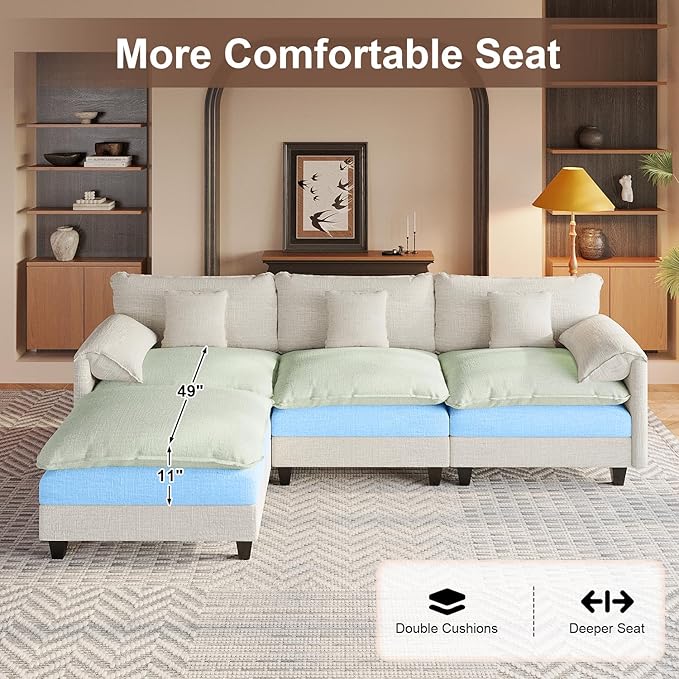 108 Modular Sectional Sofa with Movable Ottoman Plush Double-Layer Cushion Cloud Couch with USB Charging Ports &amp Side Storage Pockets Chenille L Shaped Modern Sofa Couches for Living Room Whit