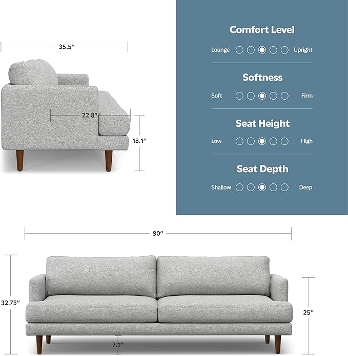 SIMPLIHOME Livingston 90-inch Wide Sofa in Mist Grey Woven-Blend Fabric Handcrafted Mid-Century Modern Oversized 3-Seater Couch Sofa for Living Room or Family Room Solid Wood Frame