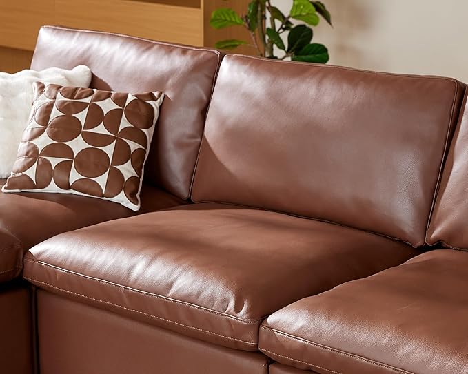 WEUP 120 Oversized Cloud Modular Sectional Sofa for Living Room 3 Seat U Shaped Cloud Couch with Storage Ottoman Premium Faux Leather Sofa Down-Filled Wide Deep Seat Tool Free Assembly Brown