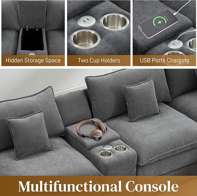 145 Cloud Couch Oversized U Shaped Grey Sectional Couches for Living Room Big Soft Comfy Fluffy Chenille Couch Sectionals Modular Sectional Sofa with Ottoman &amp Central Console