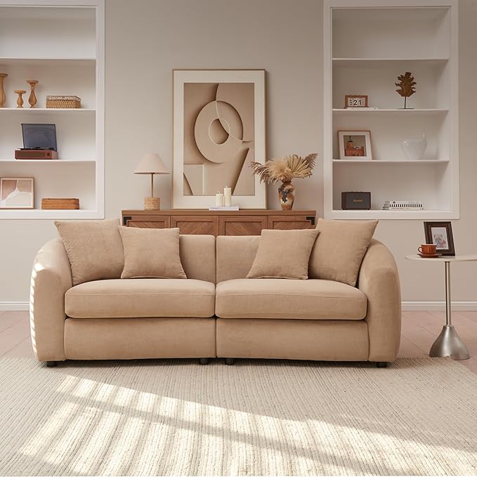 Christopher Knight Home Taliyah 87 Cozy Velvet Upholstered Lounge Sofa 3-Seater Curved Home Sofa Living Room with 4 Pillows Sturdy Wooden Frame Lounge Chair Indoor Couch with Thick Cushion Camel
