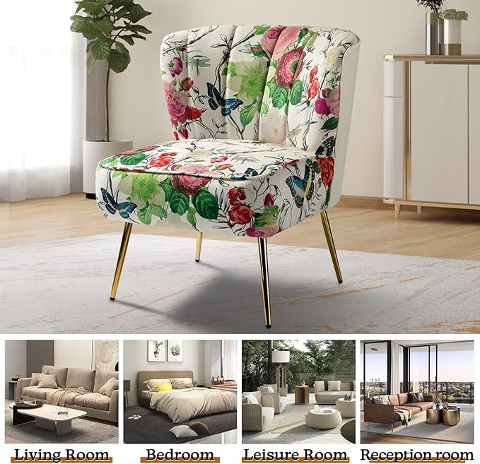 TINA'S HOME Armless Accent Chair with Gold Metal Legs Comfy Tufted Floral Fabric Living Room Chair Wingback Small Side Chair Upholstered Slipper Chair for Bedroom Reading Room (Print Flower IVORY)