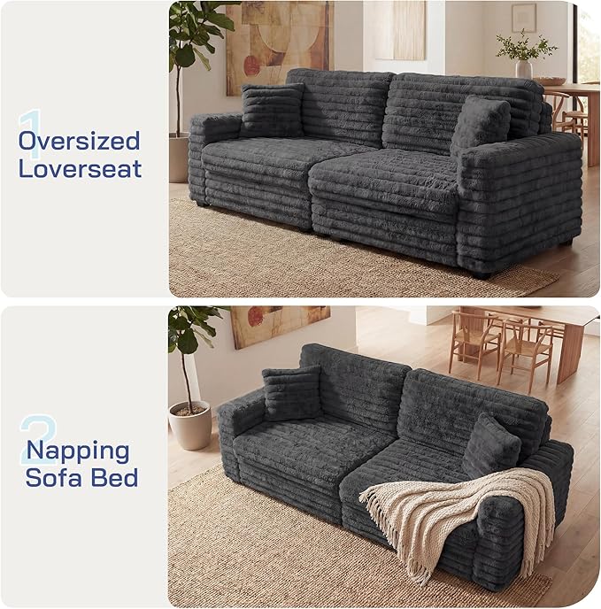 Plush Corduroy Loveseat Sofa Fluffy Love Seat Sectional Couch Oversized Deep Seat Sofa with 2 Pillows Apartment and Small Space Sofas Dark Grey