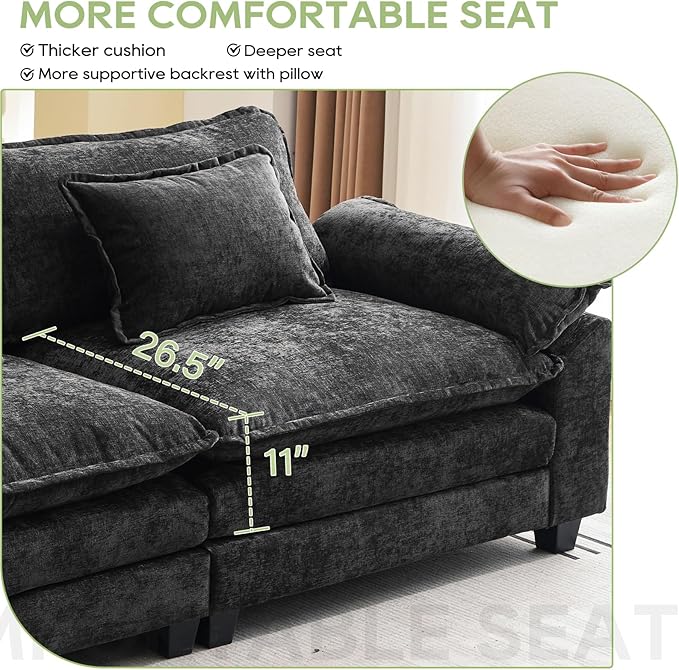 120 Modular Sectional Sofa Comfy Cloud Couch Sectional Sofa with Ottoman Chenille Sofa Sleeper Deep Seat Sofa with Throw Pillows for Living Room (Black 120- L Shape)