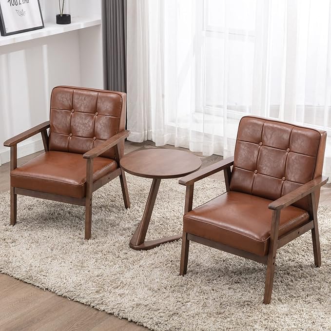 Okeysen Accent Chairs Set of 2 with Side Table Mid Century Modern Accent Chair Retro Wood and Leather Armchairs Side Chair Lounge Reading Comfy Armchair for Living Room Bedroom Office（Brown