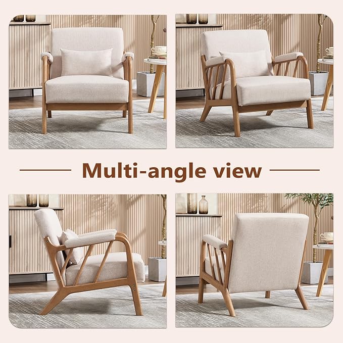 ANJ Mid Century Modern Accent ChairLiving Room Chairs with Wood Frame &ampLumbar Pillow Upholstered Reading Armchair for Bedroom