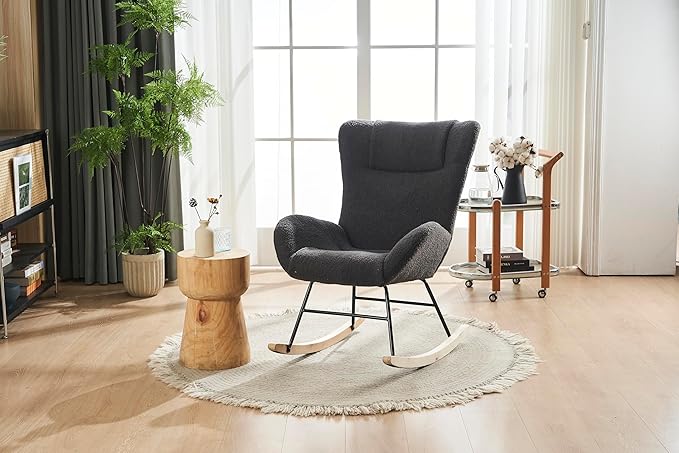 Rocking Chair Nursery Solid Wood Legs Reading Chair with Teddy Fabric Upholstered Nap Armchair for Living Rooms Bedrooms Offices Best GiftGrey Teddy Fabric