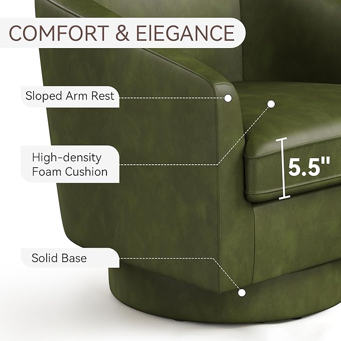 Swivel Barrel Accent Chair Round Faux Leather Living Room Arm Chairs Modern Upholstered Comfty Reading Nook Chairs for Bedroom Small Club Armchair Single Sofa Side Chair Green