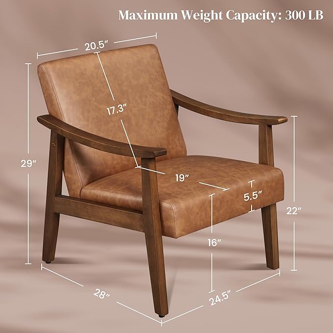 Yaheetech PU Leather Accent Chair Mid-Century Modern Armchair with Solid Wood Legs Reading Leisure Chair with High Back for Living Room Bedroom Waiting Room Brown
