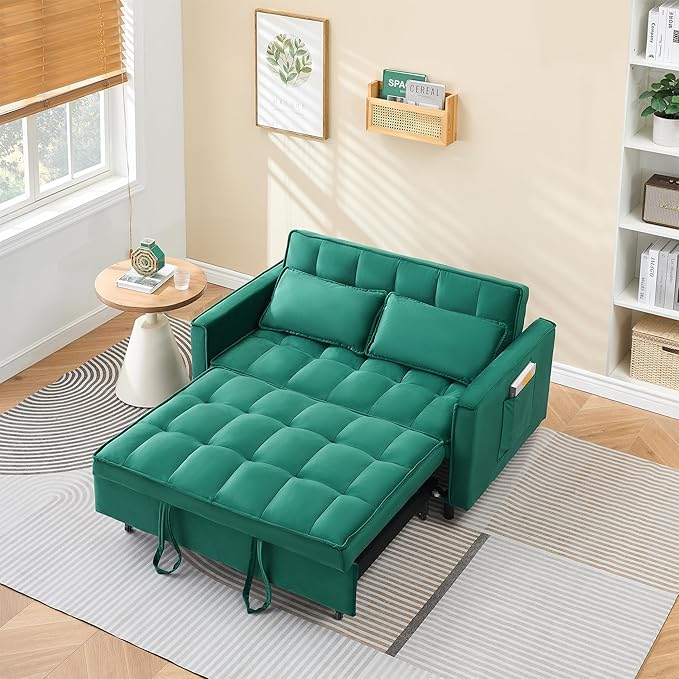 55 Modern Velvet Loveseat Sleeper Sofa 3-in-1 Convertible Pull-Out Bed with Adjustable Backrest 2 Pillows &amp Side Pockets Small Pull Out Couch for Living Room Apartment(Green)