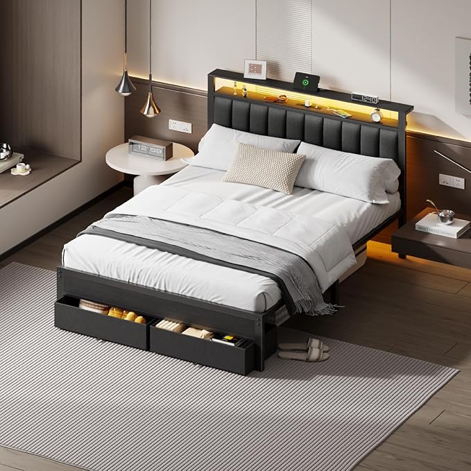 Furnulem Queen Bed Frame with Charging Station and LED Lights Grey Upholstered Headboard with Shelves Metal Platform Bed with 2 Under-Bed Storage (Fabric Drawer on Wheels) No Box Spring Needed