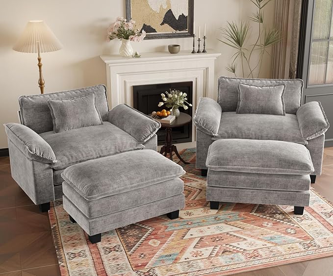 HUSFU 49.5'' Oversized Accent Chair with Ottoman Chenille Cloud Couch Chair with Deep Seat and Extra Wide Armrests Comfy Reading Armchair for Bedroom Living Room Set of 2 Gray