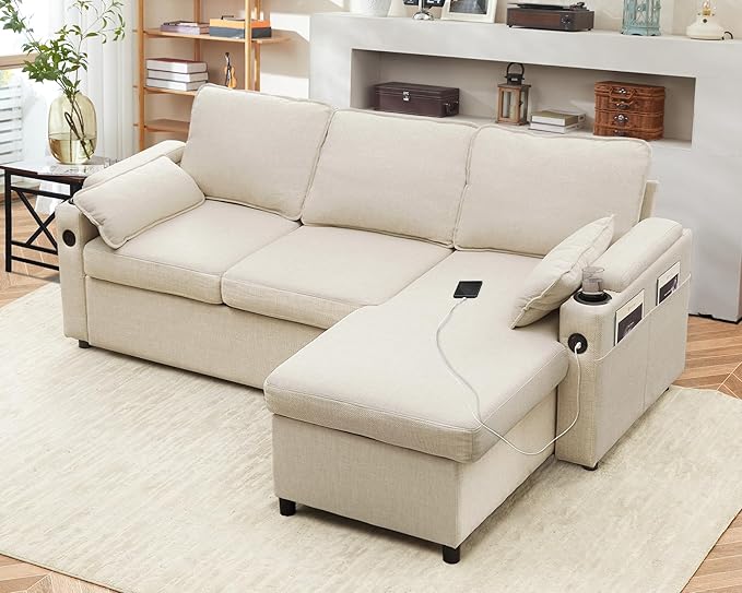 DURASPACE Sofa Bed Sleeper Pull Out 2 in 1 Sectional Sleeper Sofa Couches with StorageUSB Cup HolderPullout Sectional Couches for Apartment Living Room (Beige)