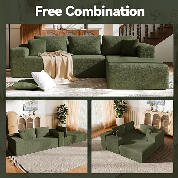 106 Modular Sectional Sofa Green Wool Cloud Couch with Left Chaise Deep Seat Boneless Floor Sofa for Living Room High-Resilience Foam Support No Assembly Required Includes Pillows | Sectional So