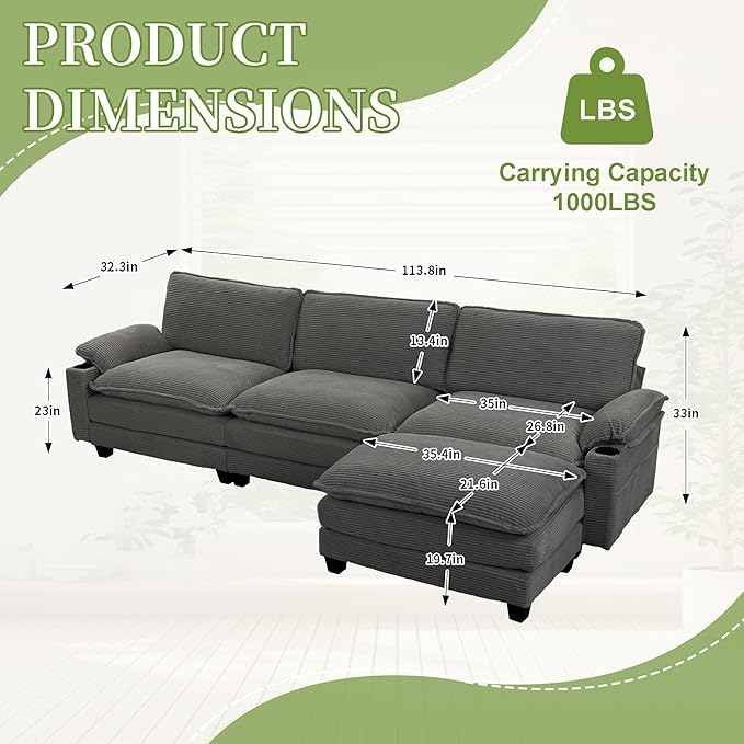 113 Cloud Sectional Couch Modular L Shaped Sofa with Movable Ottoman Comfy Corduroy Deep Seat Sofa with Cup Holders Storage Bags Couches for Living Room