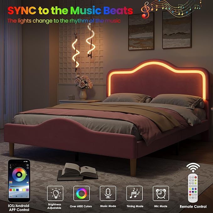 IDEALHOUSE Queen Size Bed Frame with LED Lights Velvet Upholstered Platform Bed with Adjustable Headboard for Kids/Girls Wooden Slats Support No Box Spring Needed Pink