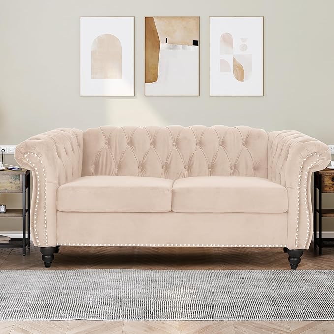 Velvet Loveseat Sofa Mid Century Modern Upholstered Couch 62 Oversized Comfy 2 Seater Love Seat Couch with Cushions Tufted Chesterfield Sofa for Living Room Bedroom Apartment (Beige)