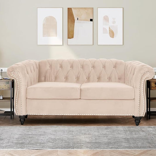 Velvet Loveseat Sofa Mid Century Modern Upholstered Couch 62 Oversized Comfy 2 Seater Love Seat Couch with Cushions Tufted Chesterfield Sofa for Living Room Bedroom Apartment (Beige)