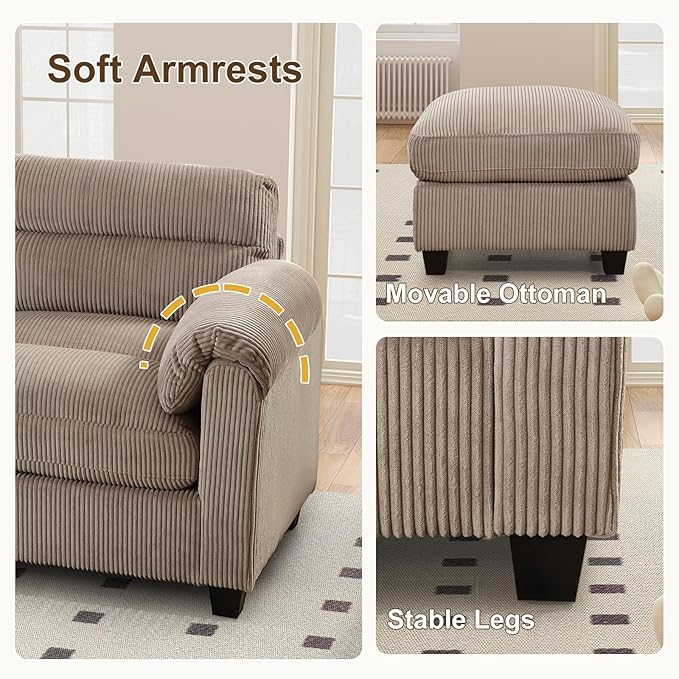 Corduroy Sofa Set Upholstered Armchair Loveseat and 3-Seater Couch with Plush Cushions and Rolled Arms Modern Living Room Furniture SetsBrown