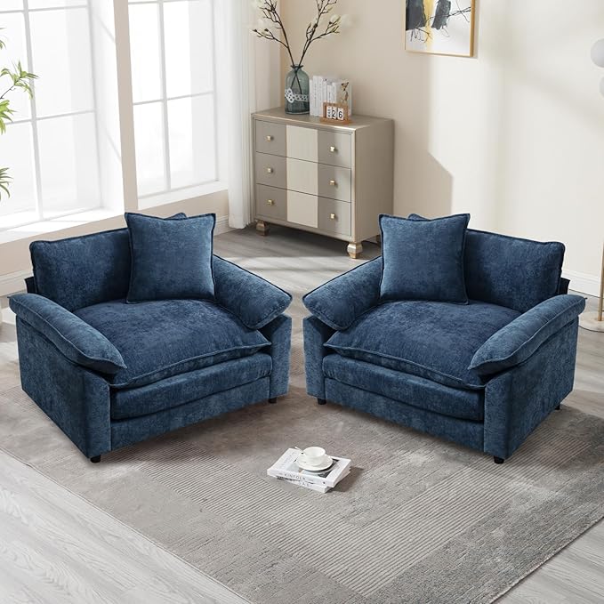 Modern Oversized Chair Set of 2 Comfy Chenille Accent Chair Large Upholstered Armchair with Extra Thick and Deep Seat Lounge Chair for Living RoomBedroomApartment (Blue)