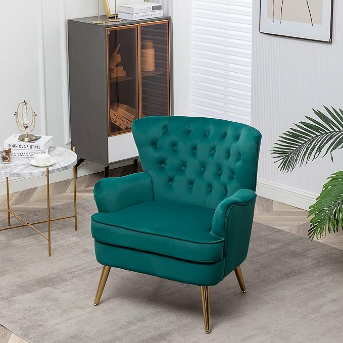 Living Room Chairs Button Tufted Accent Chairs Comfy Bedroom Chair Velvet Side Sitting Chairs Modern Fabric Sofa Slipper Chair for Reading Dark Green