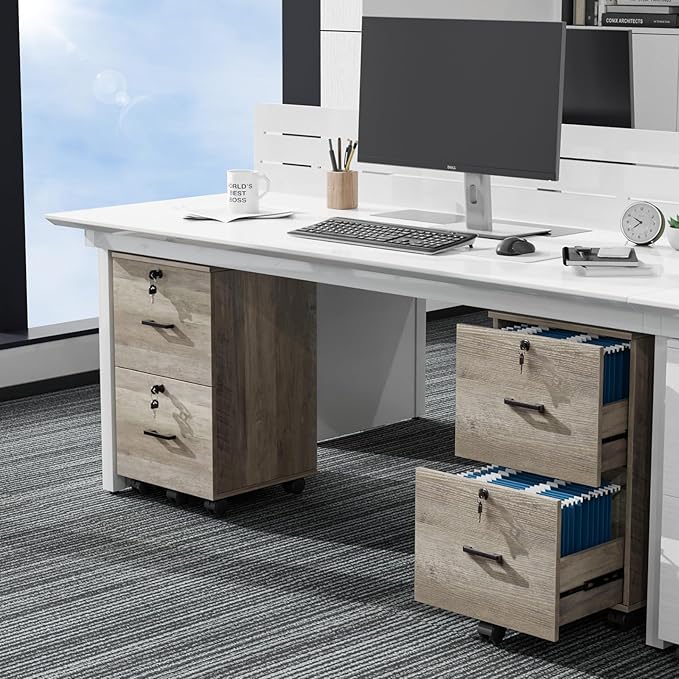 VINGLI 2 Drawer File Cabinet with Lock Wood Rustic Gray Filing Cabinet for Letter Size File Folders with Tabs Under Desk Rolling File Cabinets for Home Office Mobile File Organization Printer Stand