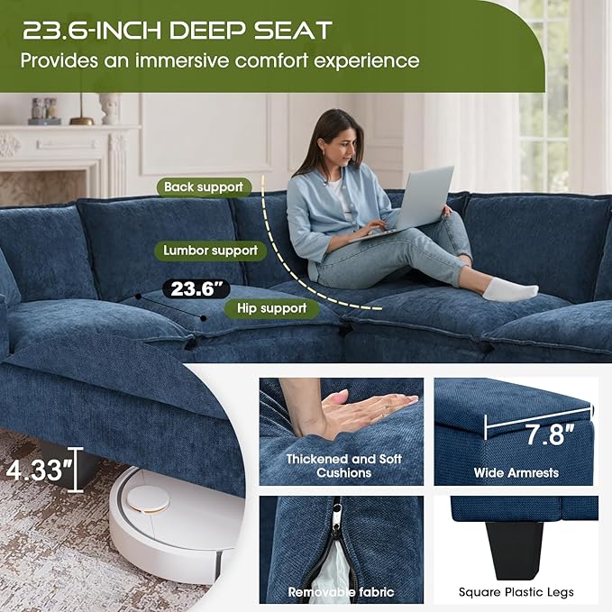 97 L Shaped Couch Corner Sofa 5 Seater Oversized Cloud Couch with 2 Pillows Chenille Modular Sectional Sofa Armrests with Two Hidden Storage Space Sectional Couches for Living Room Dark Blue