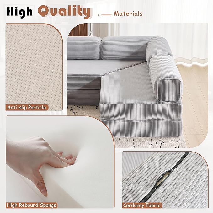 Modular Convertible Sofa Bed 106 L-Shaped with Reversible Chaise Corduroy Floor Sleeper Boneless Couch Folding Futon for Living Room Apartment Small Spaces No Assembly Required Grey