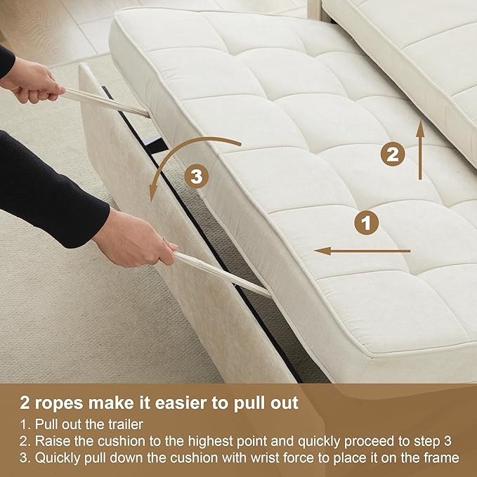 Tbfit 57 Convertible Sofa Bed Chenille Futon Sleeper Sofa Couch with Pullout Bed USB &amp Adjustable Backrest Full Size Pull Out Loveseat Couches for Living Room Apartment Office Dorm Beige